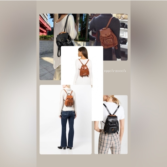 90\'s GUCCI caramel Leather Backpack with Bamboo handle. main image 4